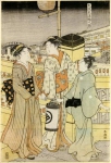 Две девушки и горничная с фонарем на мосту Темма в Осаке