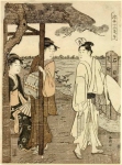 Две девушки на веранде чайного дома улыбаются молодому человеку, идущему в Мегуро