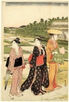 Женщины проходят мимо рисовых полей