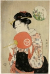 Красавица из чайного дома Сабуро OХиса прикрывает веером подводку губ