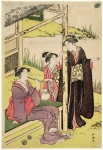 Три женщины в чайном доме у пруда ирисов