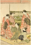 Четыре куртизанки и камуро в чайном доме Ёсивара с видом на рисовые поля