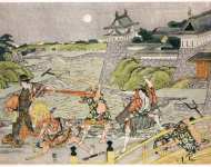 Castle of Ogiyayatsu by moonlight fight between Kampei and OKaru Bannai with his men