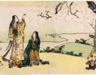 Диптих Четыре женщины и девушка под цветущей вишней сочиняют танзаку