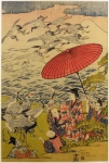 Еритомо со своими журавлями и братьями Есицунэ и Нориёри на берегу моря в Камакура