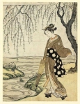 Женщина с зонтиком смотрит на лягушку, желающую взобраться на ветви ивы