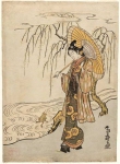 Молодой человек в образе Ono no Tofu наблюдает, как лягушка пытается взобраться на иву