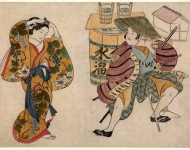 Молодой самурай смотрит, как ойран поправляет свои волосы на улице ок.