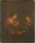 Schalcken Godfried - Девушка ставит свечу в фонарь парень греется у духовки