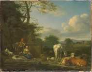 Velde Adriaen van de - Аркадский пейзаж с отдыхающими пастухами и коровами   на панели