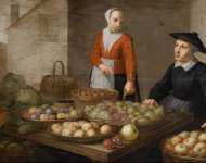 Сцена на рынке с двумя торговками овощами и фруктами