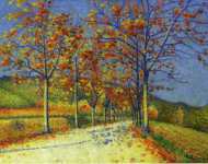 Дорога с миндальными деревьями осенью