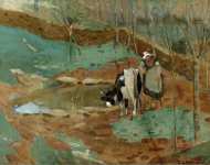 Женщина и корова в пейзаже