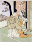 lady in traditional court dress by bell shaped open window,Ono no Komachi and Ariwara no Narihira