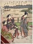 Две женщинымужчина в чайном доме на веранде с видом на море