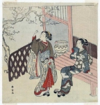 Две молодые женщины любуются цветущей сливой
