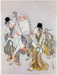 Двое мужчин, одетых как паломники, ведут под узцы капризную лошадь