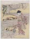 Девушка намеревается вылавливать рыбным сачком осыпавшиеся в реку цветы сливы