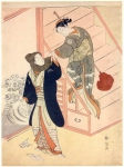 Женщина на лестнице пытается задержать своего возлюбленного, держащего в руке порванное любовное письмо