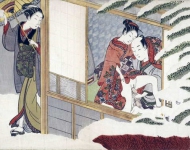 Женщина с зонтом бросает снежок в любовников