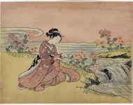 Женщина собирает хризантемы вдоль берега ручья