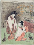 Женщины в одежде дворцовых служащих сжигают листья для подогрева сакэ