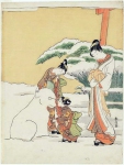 Куртизанка наблюдает за двумя камуро, лепящих из снега собаку
