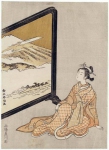 Куртизанка смотрит на гору Фудзи, нарисованную на ширме