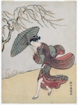 Молодая женщина с зонтиком под порывом ветра