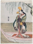 Танцовщица Сирабёси стоит в лодке