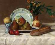 Натюрморт с фруктами, цветами и хлебом