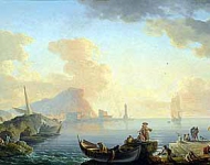 Вид на гавань на рассвете, с рыбаками вдоль порта на переднем плане