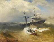 Паровое судно и лодка в бурном море