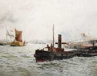 Thames scene with barges in the foreground