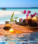 Popurrн, bowl, candles, cinnamon, on tropical water