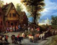 Деревенская улица со святым семейством, прибывшим в гостиницу