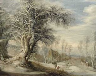 Зимний пейзаж с лесником и путешественниками