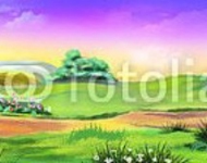 Пейзаж с деревьями и цветами, панорама