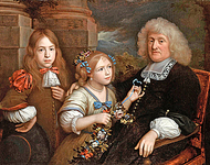 Father seated in a landscape  with his son and daughter