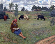 Девочка, читающая на лугу