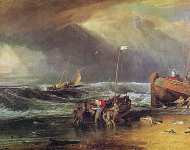 Береговая Сцена с рыбаками буксирующими лодку на берег