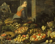 Натюрморт с фруктами, овощами и сценой ужина в Эммаусе