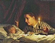 Юная мать у постели спящего ребенка