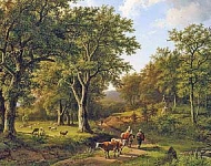 Лесной пейзаж с пастухами и коровами