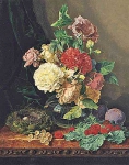 Эдвард Ладелл - Гвоздики и розы в стеклянной вазе и птичье гнездо