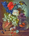 Натюрморт с виноградом, дыней, сливами, белой мышью, лазоревкой и двумя золотыми рыбками