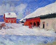 Red Houses at Bjornegaard in the Snow