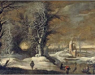 Зимний пейзаж с людьми, катающимися на коньках и санях