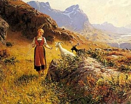 Альпийский пейзаж с пастушкой и козами