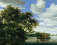 Ruysdael Salomon Jacobsz van - Вид на реку Вехт с паромом рыбаками Замок Ниенроде вдалеке